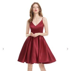 Burgundy A-line V-Neck Knee-Length Satin Dress from JJ's House
